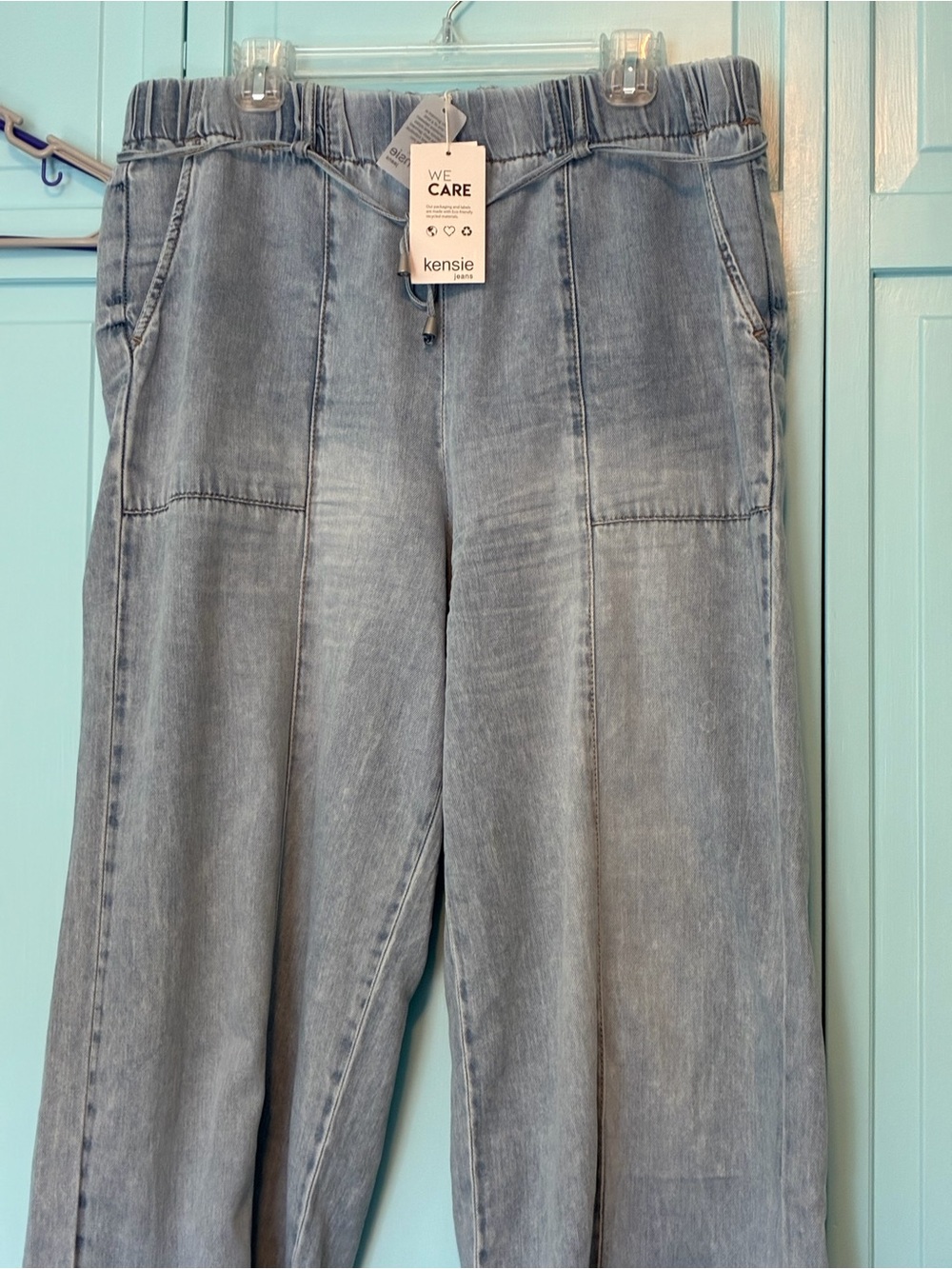 Ladies wide leg soft denim jeans with front pockets elastic tie waist comfy